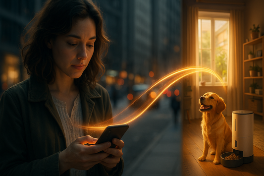 A woman on a busy city street looks at her smartphone, while a glowing orange light connects her to her golden retriever at home beside a smart pet feeder. The magical beam symbolizes emotional connection through pet technology.