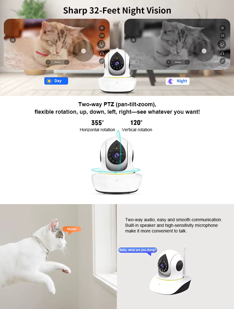 Smart Pet Camera with 3MP HD, Night Vision, Remote Laser Toy & Two-Way Audio for Cats & Dog